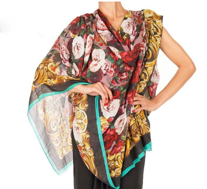 Large Baroque Flowers And Logo Printed Cashmere Blend Scarf