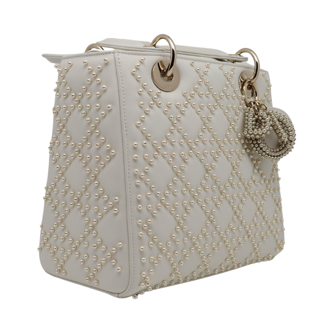 Lady Dior Off-White Medium Bag w/Pearl Embroidery