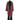 Red and black patterned cardigan over a black outfit on a white background