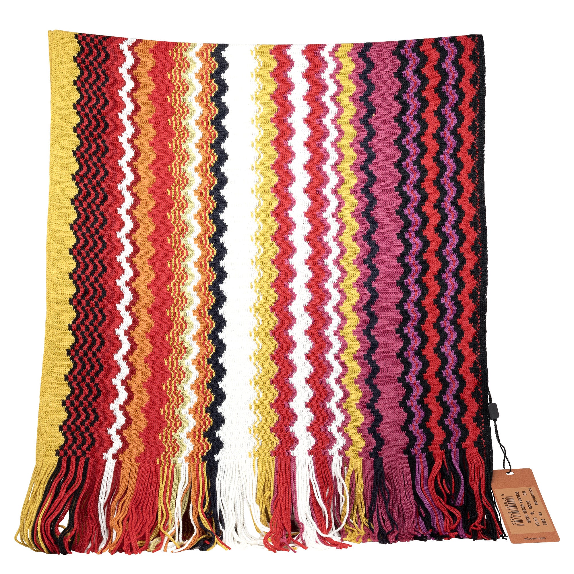 Missoni Warm Toned Multicolor Scarf With Zigzag Patterns & Fringes