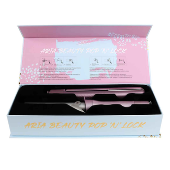 Aria Beauty Pop 'N' Lock hair styling tool in packaging with pink and white design.