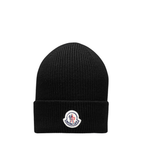 Moncler Logo Patch Black Wool Beanie