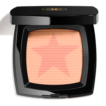 Compact blush powder in a black case with a star design on a white background