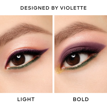 Comparison of eye makeup with 'Light' and 'Bold' options, designed by Violette.