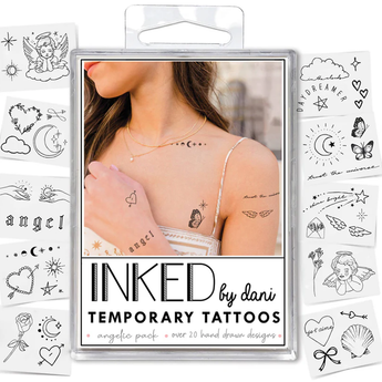 Pack of temporary tattoos with a model wearing tattoos and 'Inked by Dani' branding.