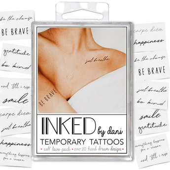 Pack of 'Inked by Dani' temporary tattoos with text designs on a white background.