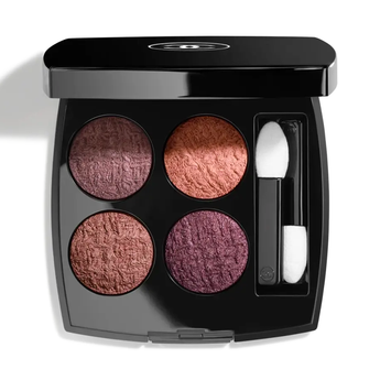 Makeup palette with four shades and a brush on a white background