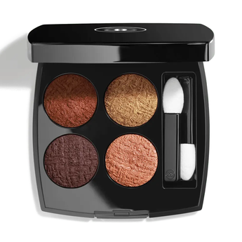 Makeup palette with four shades and a applicator on a white background