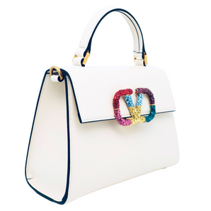 VLogo Rainbow Crystal White Leather Bag