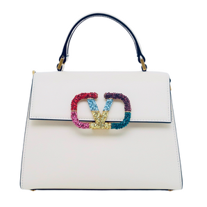 VLogo Rainbow Crystal White Leather Bag