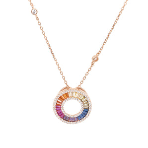 Rainbow Baguette Halo Bezel Necklace