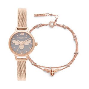 Lucky Bee Gray & Rose Gold Watch with a Double Strand Bracelet - Be in the Pink